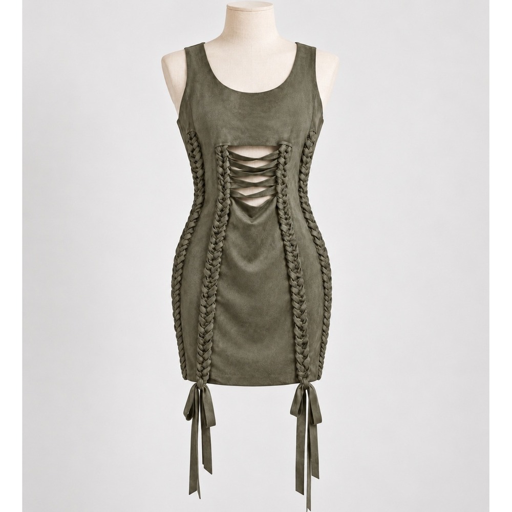 Fashion Nova Olive Green Faux Suede Braided Cutout Mini Dress 1X AIC7241A